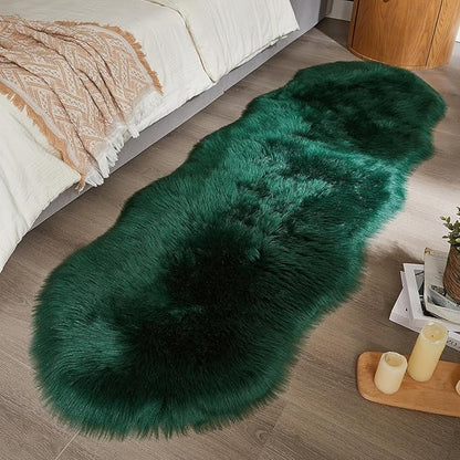 AMTOVO Faux Sheepskin Rug, Dark Green Ultra Soft Fluffy Shag Area Rug, 2 x 6 ft Faux Fur Rug for Bedroom Sofa Throw Cushion Room Decor, Sheepskin