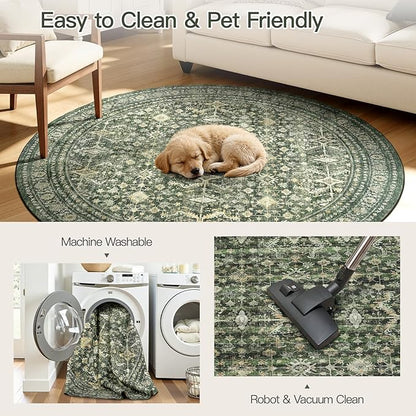 Lofus 8ft Area Rugs for Living Room, Green Washable Area Rug with Non-Slip Backing,Soft Boho Carpets for Bedroom Dining Room Home Office Indoor Nursery