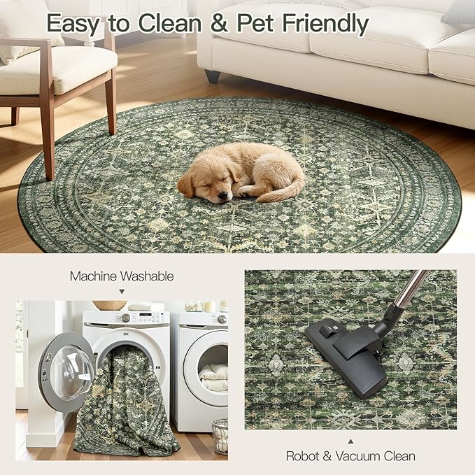 Lofus 4ft Area Rugs for Living Room, Green Washable Area Rug with Non-Slip Backing,Soft Boho Carpets for Bedroom Dining Room Home Office Indoor Nursery