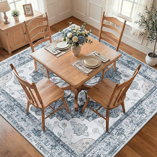 RELEANY Area Rugs Square 7ft Washable Non-Slip, Floral Vintage Distress Print Pattern Medallion Carpet for Living Room Bedroom Dining Room, Light Gray Grey White