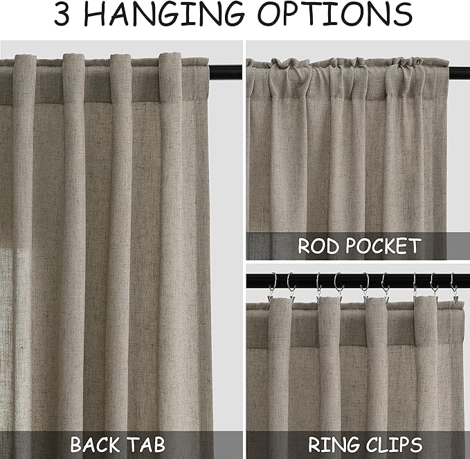 Extra Long Mocha Curtains 2 Panels 102 Inches Long for Living Room Back Tab Rod Pocket Light Filtering Semi Sheer Drapes Cotton Linen Textured Window Curtain 102 Inch Length for Bedroom 9 FT