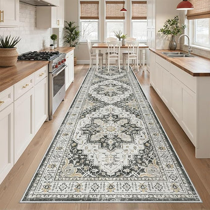 Madane Hallway Rug 3x10, Kitchen Rugs Washable Entryway Rug Vintage Kitchen Runners Non Slip Indoor Area Rug Farmhouse Carpet Runner for Bathroom Living Room Bedroom, Black