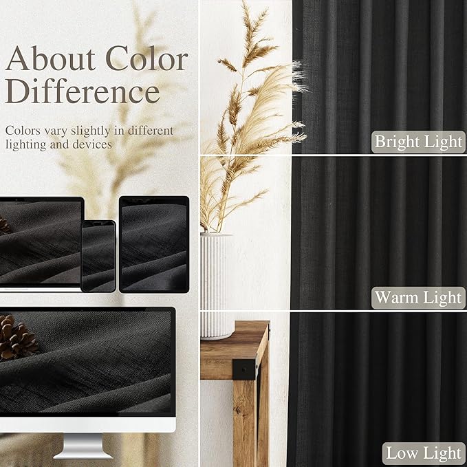 Nanspring Black Linen Curtains 63 inches Long for Bedroom Back Tab Sheer Black Curtains Modern Farmhouse Coastal Decor Cotton Textured Gauze Curtain for Bathroom 2 Panel Set 52x63