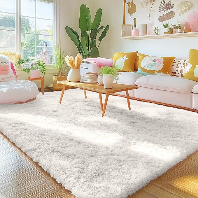 OLANLY 4x10 Area Rugs for Living Room Bedroom, Machine Washable Soft Fluffy Shaggy Bedside Rug, Indoor Floor Carpet for Kids Girls and Boys, Dorms, Nursery Rooms, Home Decor Aesthetic, Ivory