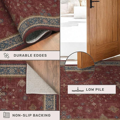 Boho 2x7 Long Runners for Kitchen Floor - Washable Non Slip Indoor Floor Mats for Entryway, Hallway, Dark Red Floral Low Pile & Soft Runner Area Rug for Bedroom Beside Bed