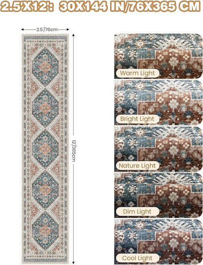 Carpet Runners for Hallway 12ft, Non-Slip Long Bathroom Rugs Runner for Kitchen, Living Room, Soft Vintage Washable Rug for Entryway, Thin Floor Mat for Dining Room(Blue/Red,2.5'x12')