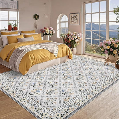 GarveeHome Grey Floral Rug 4x6 Rug Machine Washable Area Rug for Living Room Farmhouse Floral Low Pile for Dining Room, Bedroom Indoor Foldable Non-Slip Grey Beige RV