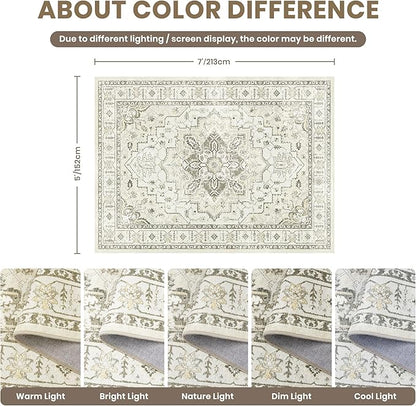 zesthome 5x7 Area Rugs, Machine Washable Rugs for Living Room, Bedroom,Stain Resistant Vintage Large Area Rug,Non-Slip Medallion Pattern Home Decor Rugs (Beige,5'x7')