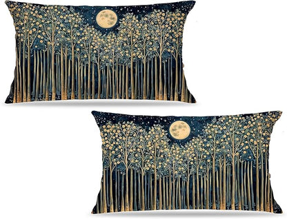 Rustic William Morris Inspired Night Forest Green Moon Decor Pillow Covers 12x20 Set of 2,Vintage Botanical Nature Landscape Decorative Throw Pillow Covers for Home Bedroom Living Room
