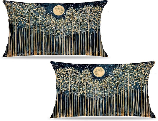 Rustic William Morris Inspired Night Forest Green Moon Decor Pillow Covers 12x20 Set of 2,Vintage Botanical Nature Landscape Decorative Throw Pillow Covers for Home Bedroom Living Room