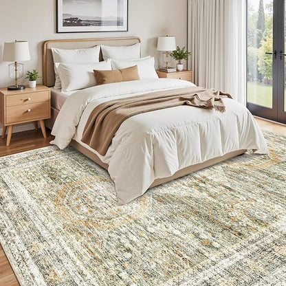 Soalmost Washable Area Rug 8x10, Large Soft Rugs for Living Room Vintage 8x10 Area Rugs for Bedroom Dining Room Non-Slip Stain Resistant Under Table Green Orange Rug