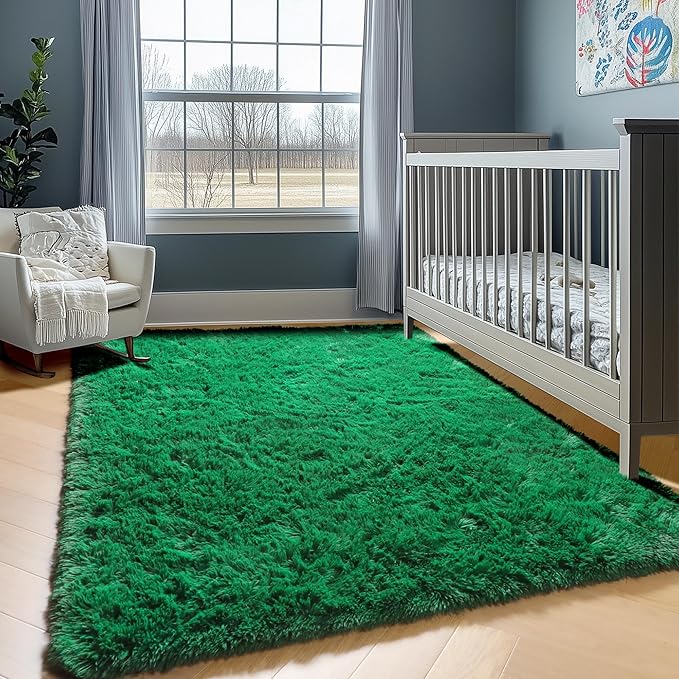 ONASAR Dark Green Area Rugs for Bedroom Living Room, 4x6 Fluffy Soft Plush Shaggy Bedside Throw Rug, Indoor Floor Carpets for Nursery Kids Girls Boys Teen Dorm Playroom Home Decor Aesthetic