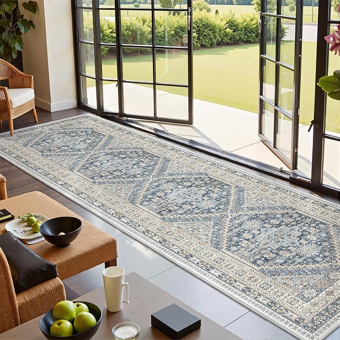 Runner Rug 2x10, Ultra-Thin Kitchen Rugs Non Slip Washable Rugs for Entryway Rug, Kitchen Runner Low Pile Vintage Soft Carpets for Living Room, Bathroom Bedroom (Blue/Beige,2'x10')