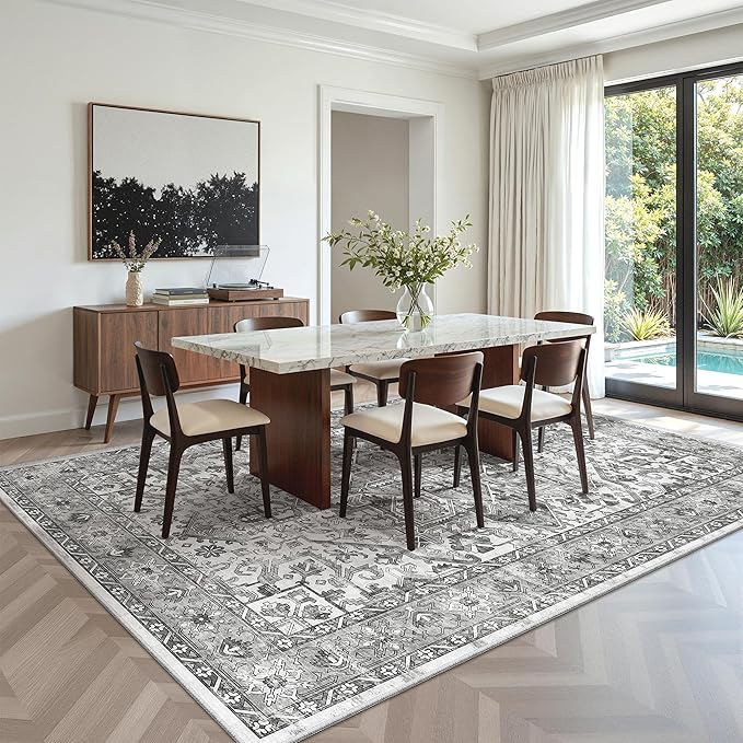 zesthome 6x9 Area Rug, Super Soft Washable Rugs for Living Room, Non-Slip Stain Resistant Vintage Rugs, Ultra-Thin Large Area Rugs (Grey/White,6'x9')