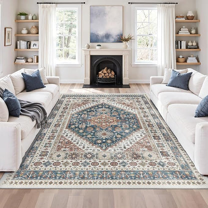 zesthome 5x7 Area Rugs - Ultra-Thin Washble Rug, Stain Resistant Anti Slip Backing Rugs for Living Room,Bedroom, Vintage Home Decor Area Rug (Navy Blue/Red,5'x7')