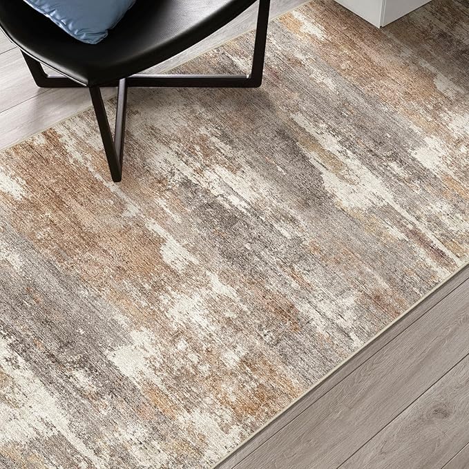 4x10 Washable Kitchen Runner Rug: Modern Abstract Wide Runners for Hallway Soft Non Slip Rugs with Rubber Backing Low Pile Thin Carpet for Entryway Bedroom Bathroom Laundry Indoor(Brown/Brick,4x10)