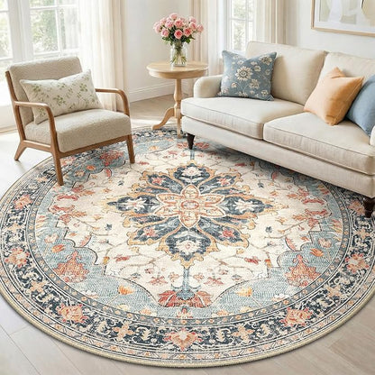 Area Rugs 6ft Washable Non-Slip, Floral Vintage Distress Print Pattern Medallion Carpet for Living Room Bedroom Dining Room, Beige Navy Blue Orange Colorful