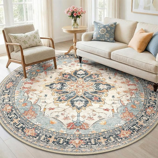 Area Rugs 6ft Washable Non-Slip, Floral Vintage Distress Print Pattern Medallion Carpet for Living Room Bedroom Dining Room, Beige Navy Blue Orange Colorful