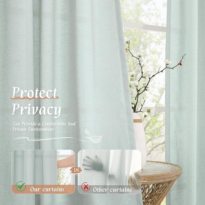 LAMIT Linen Curtains 63 Inch for Bedroom, Light Filtering Neutral Semi Sheer Window Treatment Farmhouse Curtains Rod Pocket Panels for Living Room/Dining Room, 2 Panels, 52 x 63 Inch, Light Blue