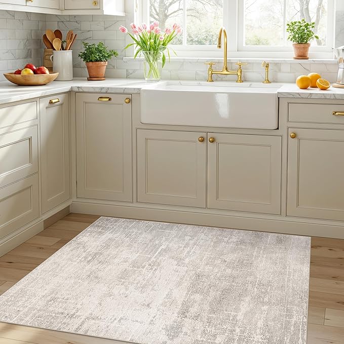 Washable 3x4 Kitchen Area Rugs: Abstract Stain-Resistant Sink Rug Non-Slip Durable Doormat Ultra Soft Bedroom Nursery Besides Carpets Indoor Water Resistant Bathroom Floor Mat(3x4,Beige/Cream)
