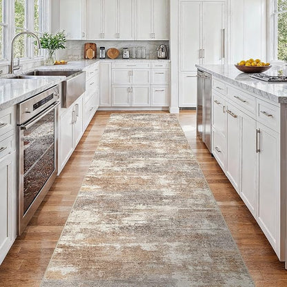 3x15 Washable Kitchen Runner Rug: Modern Abstract Runners for Hallway Soft Non Slip Rugs with Rubber Backing Low Pile Thin Waterproof Floor Carpet for Entryway Bedroom Bathroom Indoor 3x15 Brown/Brick