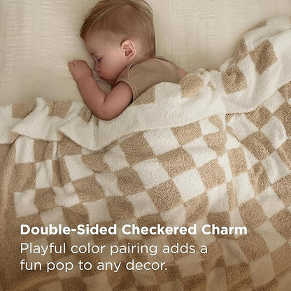 Bedsure GentleSoft Cozy Soft Throw Blanket for Couch, Beige Checkered Fluffy Blanket, Lightweight Warm Knit All Season Throw Blankets for Bed Sofa, Birthday, for Women, 50x60 Inches