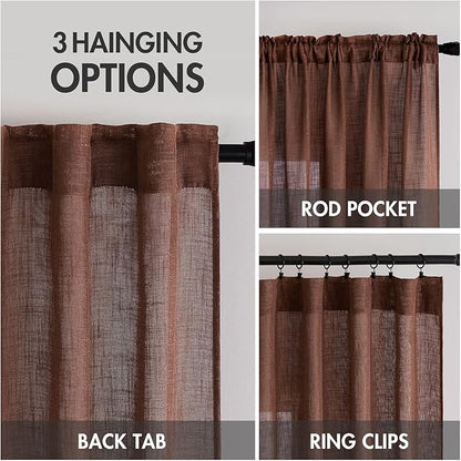 MIULEE Chocolate Brown Linen Curtains 54 Inch Length 2 Panels for Bedroom Living Room, Soft Thick Linen Textured Natural Short Window Drapes Semi Sheer Light Filtering Back Tab Rod Pocket