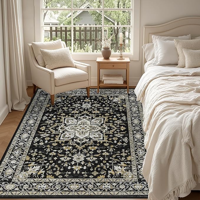 6x9 Area Rugs Living Room Rug: Washable Vintage Boho Medallion Rug No Slip Stain Resistant Soft Carpet Indoor Large Carpets for Bedroom Dining Room Farmhouse Nursery Hallway Home Office Black Gold