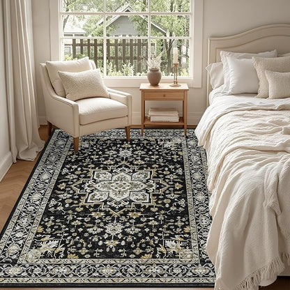 5x7 Area Rugs Living Room Rug: Washable Vintage Boho Medallion Rug No Slip Stain Resistant Soft Carpet Indoor Large Carpets for Bedroom Dining Room Farmhouse Nursery Hallway Home Office Black Gold