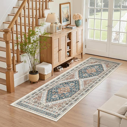 Madane Washable Runner Rug - 2x6 Rug Runners for Hallways 6 Feet Non Slip Vintage Kitchen Runner Rug Ultra-Thin Bathroom Runner Rugs Carpet Laundry Room Bedroom (2x6ft, Navy Blue)