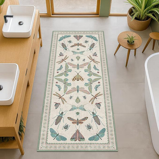Hazo Haus Washable Non Slip Bathroom Runner Rug 2x5, Insect Boho Bath Mat, Stain Resistant Low Pile Butterfly Insect Print Rugs for Laundry Room, Powder Room, Beige Green