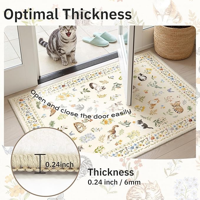 Cat 3x5 Area Rugs for Entryway, Machine Washable Animal Floral Accent Rug Non-Slip Low Pile Soft Throw Rugs for Kitchen Bedside Living Room Bedroom Kids Room (3 x 5,Beige)