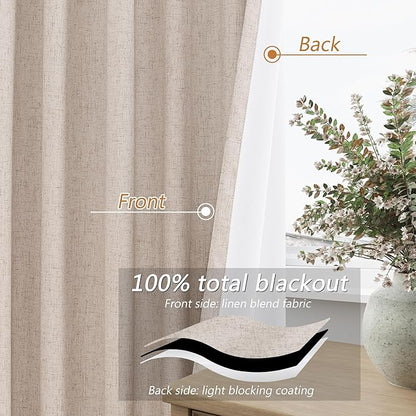 Guken Oatmeal 100% Blackout Curtains 84 Inch Length 2 Panels Set for Living Room Bedroom Back Tab Thermal Insulated Black Out Linen Drapes Room Darkening Window Curtains 84 Inches Long