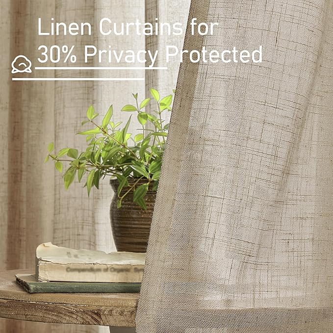 LAMIT Taupe Sheer Linen Curtains, 80 inch Light Filtering Semi Sheer Panels Back Tab and Rod Pocket Farmhouse Rust Drapes for Bedroom/Living Room, 2 Panels, 52 x 80 Inch