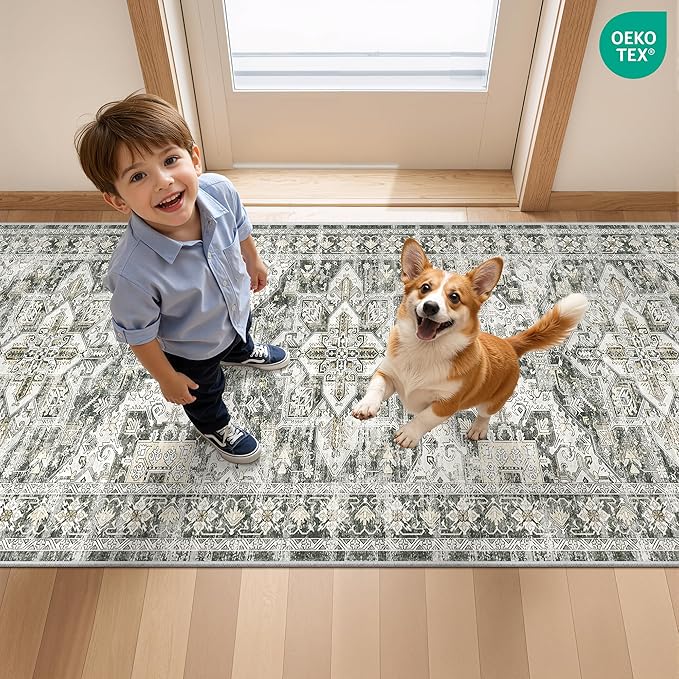 Kitchen Runner Rug Non Slip Washable 2.5x8, Soft Low Pile Entryway Rug Runners for Hallways,Carpet Runner for Living Room,Kitchen, Laundry, Bathroom(Grey/Beige,2.5'x8')