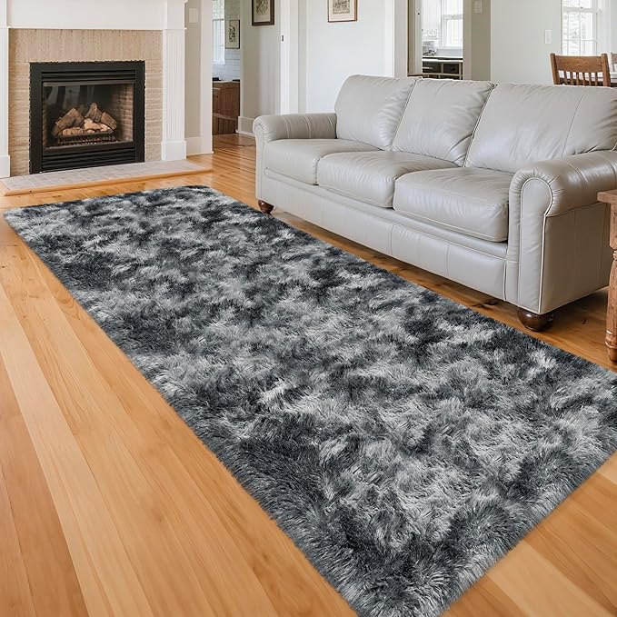 Tie-Dyed Dark Grey 3x10 Machine Washable Runner Rugs for Hallway Soft Fluffy Shaggy Bedside Rugs for Bedroom Living Room Indoor Floor Carpet for Kids Girls and Boys Nursery Rooms Home Decor Aesthetic