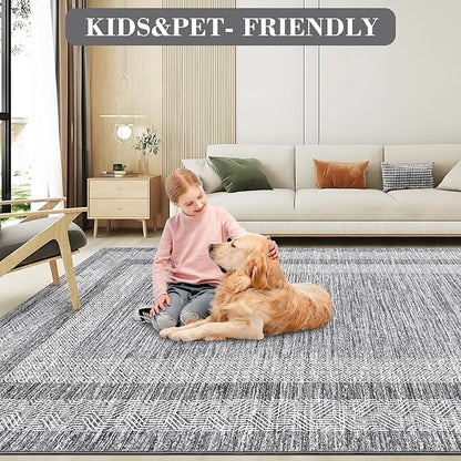 GarveeHome 8x10 Large Washable Area Rug Modern Bordered Rug Distressed Geometric Floor Carpet, Soft Non Slip Rug, Low Pile Non Shedding Rug, Indoor Gray Rug for Bedroom, Living Room