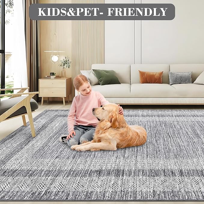 GarveeHome 9x12 Large Modern Gray Area Rug Distressed Bordered Rug Soft Non Shedding Floor Carpet, Geometric Rug, Washable Non Slip Rug, Low Pile Indoor Area Rug for Living Room, Bedroom