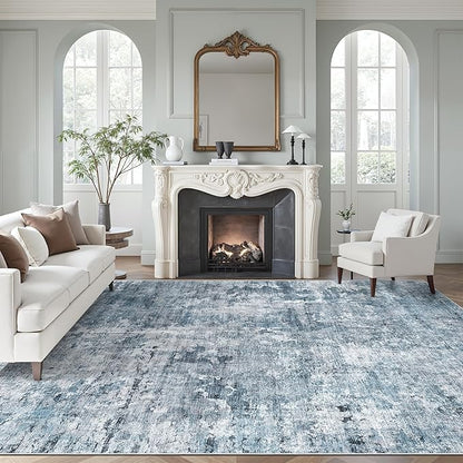 Soalmost Area Rug 10x12 Vintage Washable Living Room Large Carpet Non Slip Bedroom Indoor Office Dining Room Low Pile Thin Rug Blue/Grey