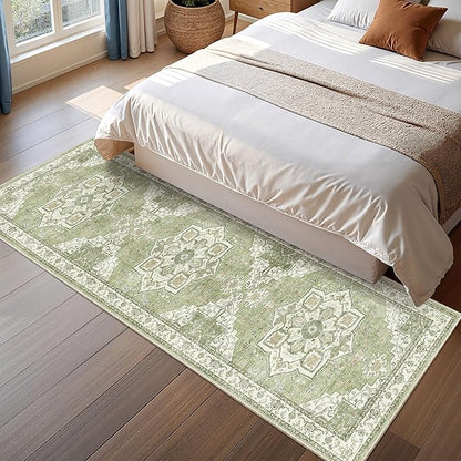 Runner Rug 2x6, Non Slip Washable Rugs for Laundry Room, Runners for Hallways, Low Pile Vintage Soft Rugs for Living Room, Kitchen Bathroom,Bedroom Rug(Light Green,2'x6')