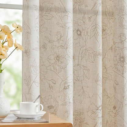 jinchan Floral Linen Curtains for Living Room 63 Inch Length Taupe Flower Curtain Rod Pocket Back Tab Farmhouse Curtains with Printed Floral Bedroom Window Curtain Set, 2 Panels Taupe