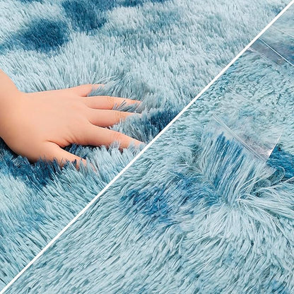 Super Soft Fluffy Living Room Area Rug 3x10 ft Tie-Dyed Light Blue Shaggy Furry Carpet Washable Non-Slip Floor Rugs Bedroom Bedside Nursery Rug Fuzzy Girls Boy Dorm Home Decor Aesthetic