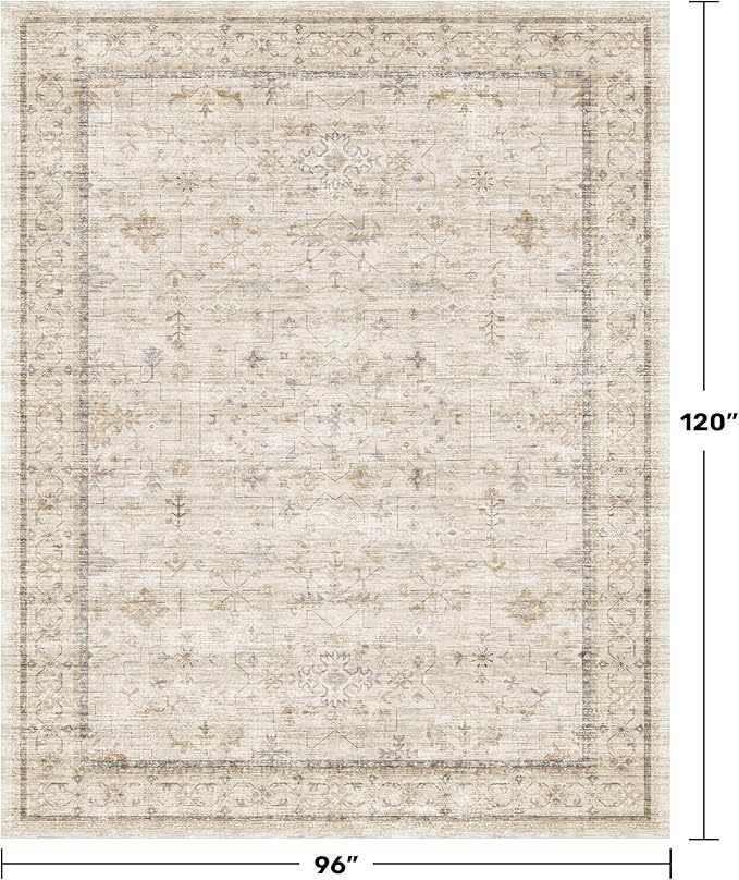 Hazo Haus Washable Ivory Living Room Rug, 8x10 Non Slip Area Rugs for Bedroom, Dinning Room Under Table Low Pile Neutral Farmhouse Vintage Foldable Decor