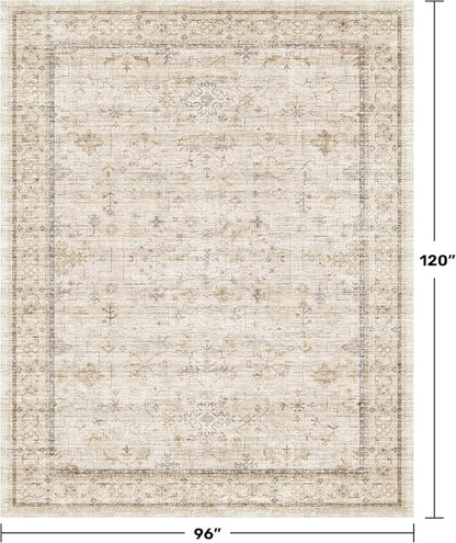 Hazo Haus Washable Ivory Living Room Rug, 8x10 Non Slip Area Rugs for Bedroom, Dinning Room Under Table Low Pile Neutral Farmhouse Vintage Foldable Decor