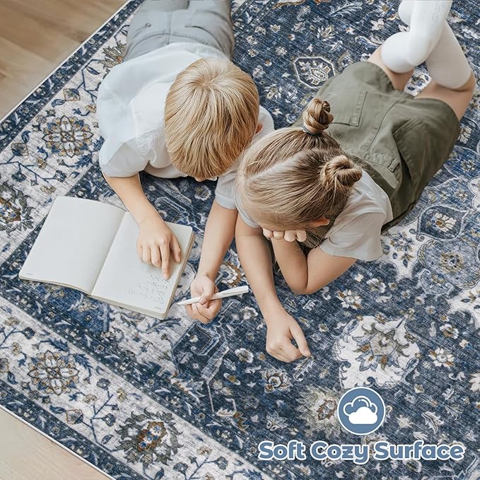 Area Rug 8x10 Washable Rug, Vintage Boho Medallion Rugs Non-Slip Soft Low Pile Large Distressed Rug Indoor Retro Carpet for Living Room Bedroom Dining Room Home Office (Vintage Blue, 8'x10')