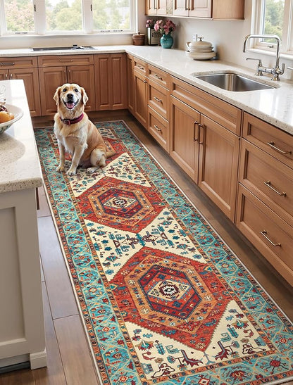 SERISSA Runner Rug for Hallways, 3x10 Washable Non Slip Kitchen Runner Rug, Long Boho Rug Vintage Orange Hallway Stair Ultra Soft Print Floor Carpet for Bedroom Bathroom Laundry Room