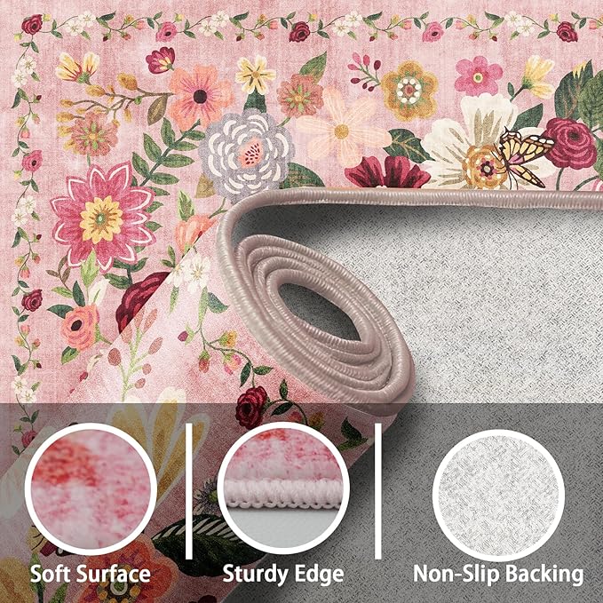 Floral Machine Washable Rug Pink, 3x5 Rug Non Slip Soft Bedroom Rugs for Entryway Dorm, Ultra-Thin Rugs for Bedroom Stain Resistan(3 x 5, Pink Garden)