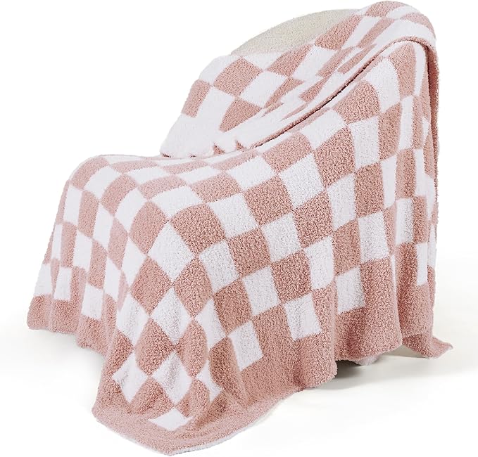 Bedsure GentleSoft Pink Checkered Throw Blanket for Couch - Soft Cozy Fluffy Blanket, Lightweight Warm Knit All Season Plaid Blankets for Bed Sofa, Birthday, for Women, 50x60 Inches
