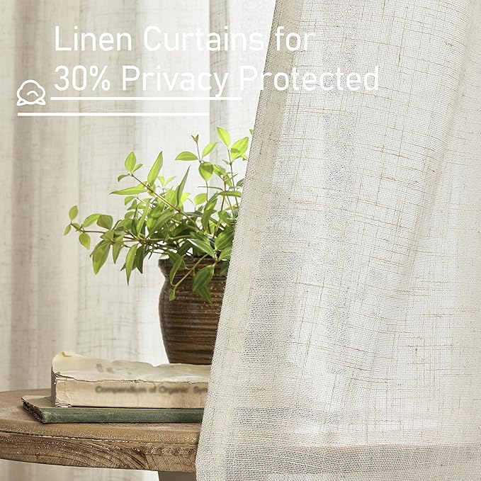 LAMIT Light Filtering Natural Linen Curtains 63 inches Long, Ivory Cream Linen Textured Semi Sheer Back Tab and Rod Pocket Boho Drapes for Bedroom/Living Room, 2 Panels, 70 x 63 Inch