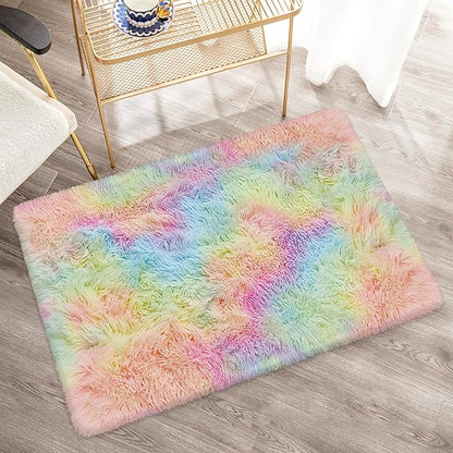 Small Fluffy Rainbow Colorful Area Rug for Girls Bedroom 2x3 Mini Kawaii Tie Dye Rug Fuzzy Unicorn Throw Rug for Living Room Kids Nursery Baby Princess Room Home Decor Aesthetic Carpets